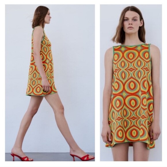 NWT ZARA Bloggers Favorite Retro Jacquard Knit Mini Shift Dress Small - Picture 1 of 10